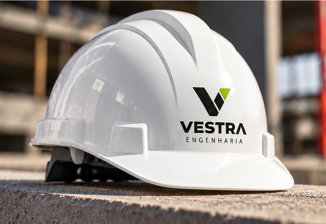 Capacete da Vestra Engenharia em canteiro de obra